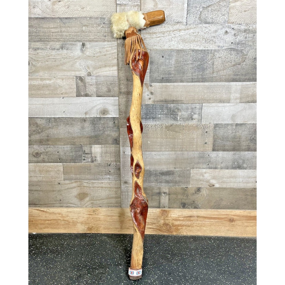 Native American Diamond Willow Walking Stick Wood Cane 42" Primitive Beaded Fur